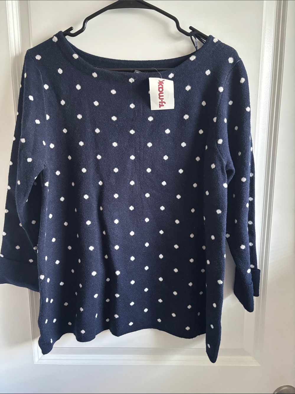 Cynthia Rowley Navy and White Polka Dot Boatneck Sweater Top